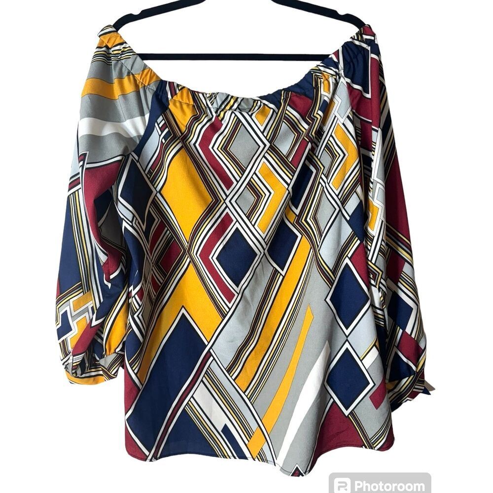 Ashley Stewart Vintage On/Off-Shoulder Blue/Yellow Plus Size Blouse 18